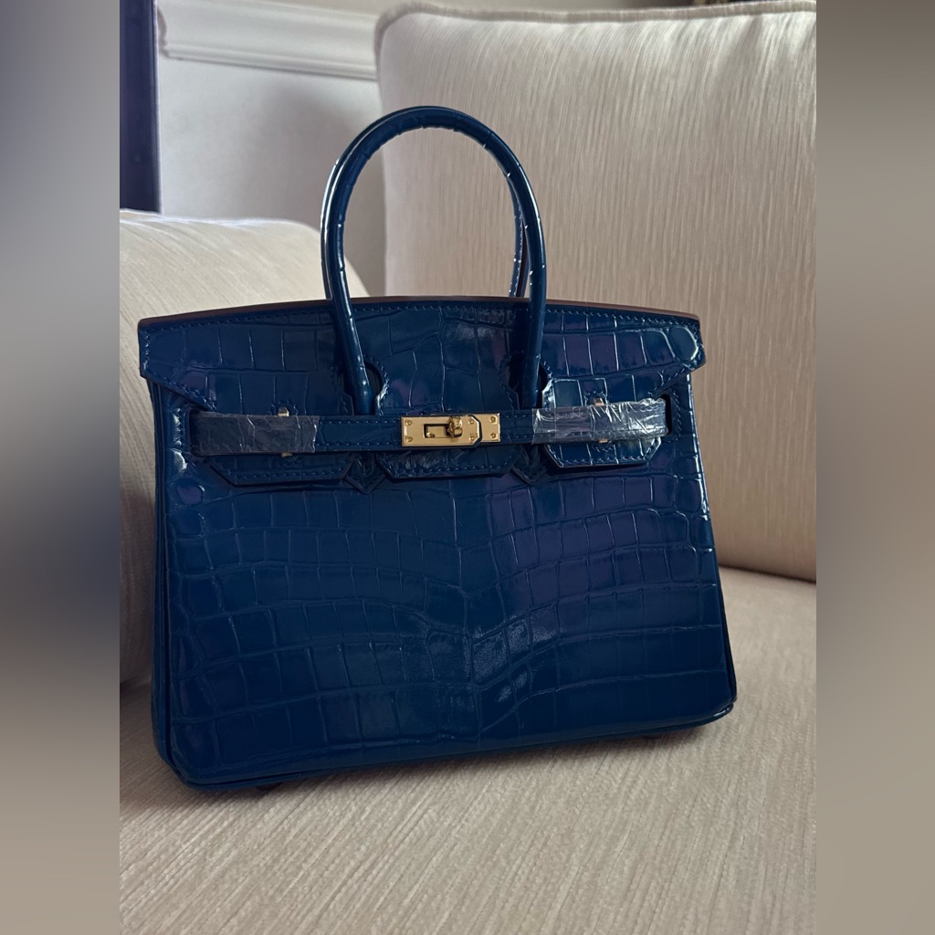 Patent Croc-Embossed Blue Satchel With Gold Hardware Small